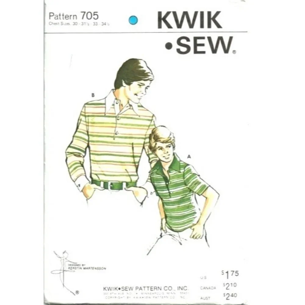 Sewing Pattern Kwik Sew 705 Rugby‎ Shirt Mens Juniors Size 30-34.5 Chest